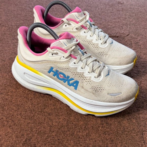 Hoka One One Shoes - Hoka Bondi 9 Womens Running Shoes 8.5 Alabaster Sea Glass Pink Yellow 1162012 A-